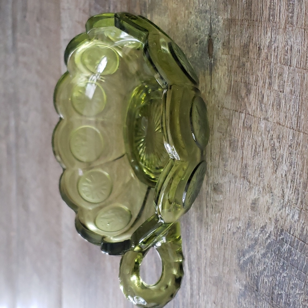 Vintage Fostoria olive green coin candy dish